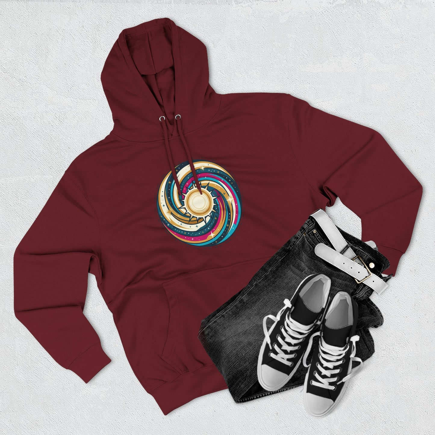 Swirl Sun Hoodie – Cosmic Spiral Sun Graphic Hoodie | Psychedelic Space Aesthetic, Celestial Streetwear, Unisex Hoodie