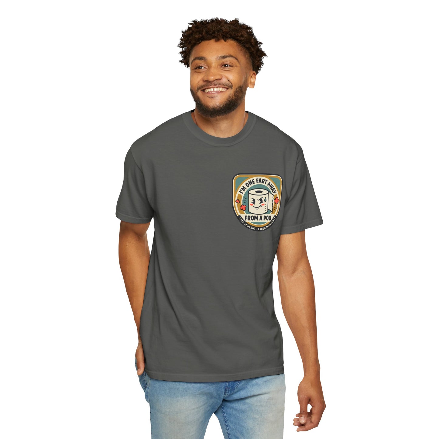 Funny Toilet Paper T-Shirt – “I’m One Fart Away From a Poo” Retro Badge Tee | Novelty Humor Shirt