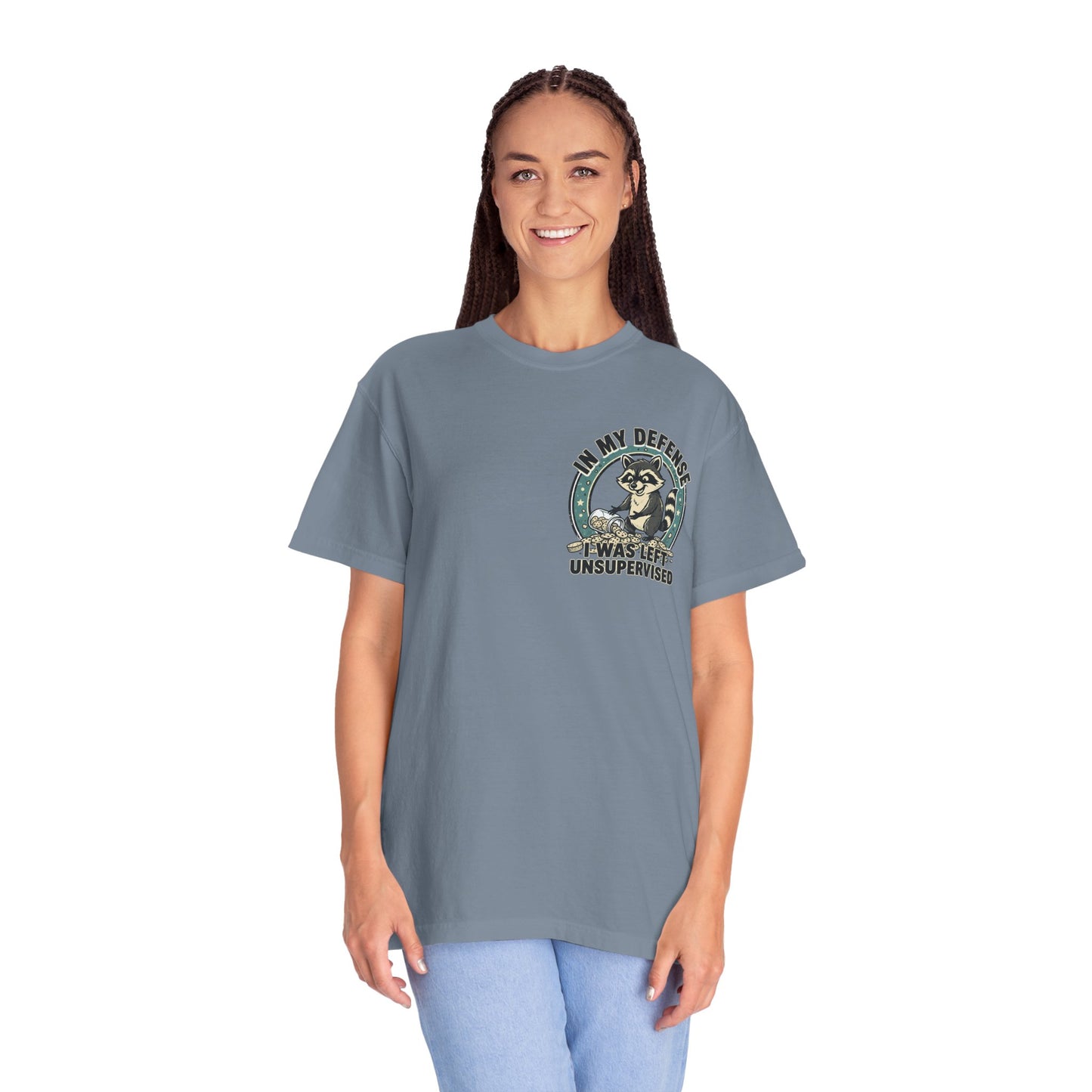 Funny Raccoon T-Shirt – “In My Defense I Was Left Unsupervised” Graphic Tee | Cute Chaos Humor Shirt
