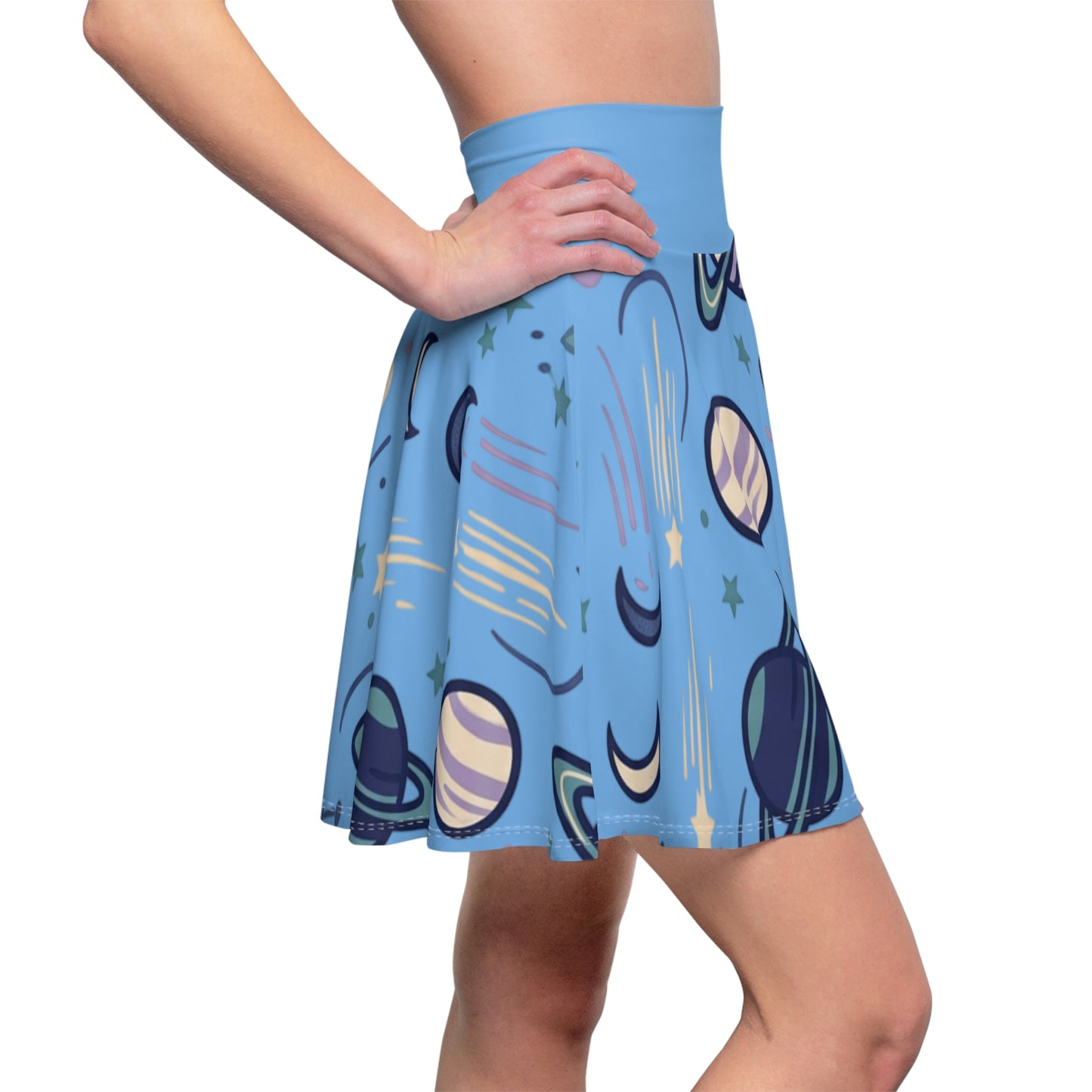 Celestial Skater Skirt – Blue Planet & Moon Print Aesthetic Skirt | Women’s Flowy Cosmic Skirt