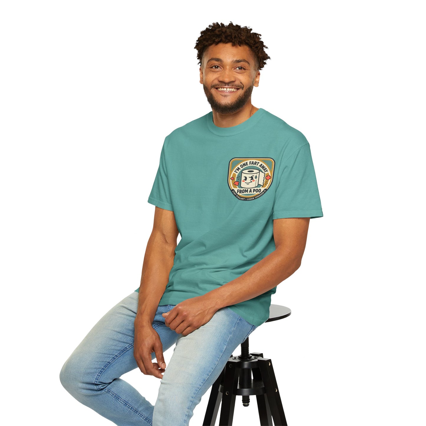Funny Toilet Paper T-Shirt – “I’m One Fart Away From a Poo” Retro Badge Tee | Novelty Humor Shirt