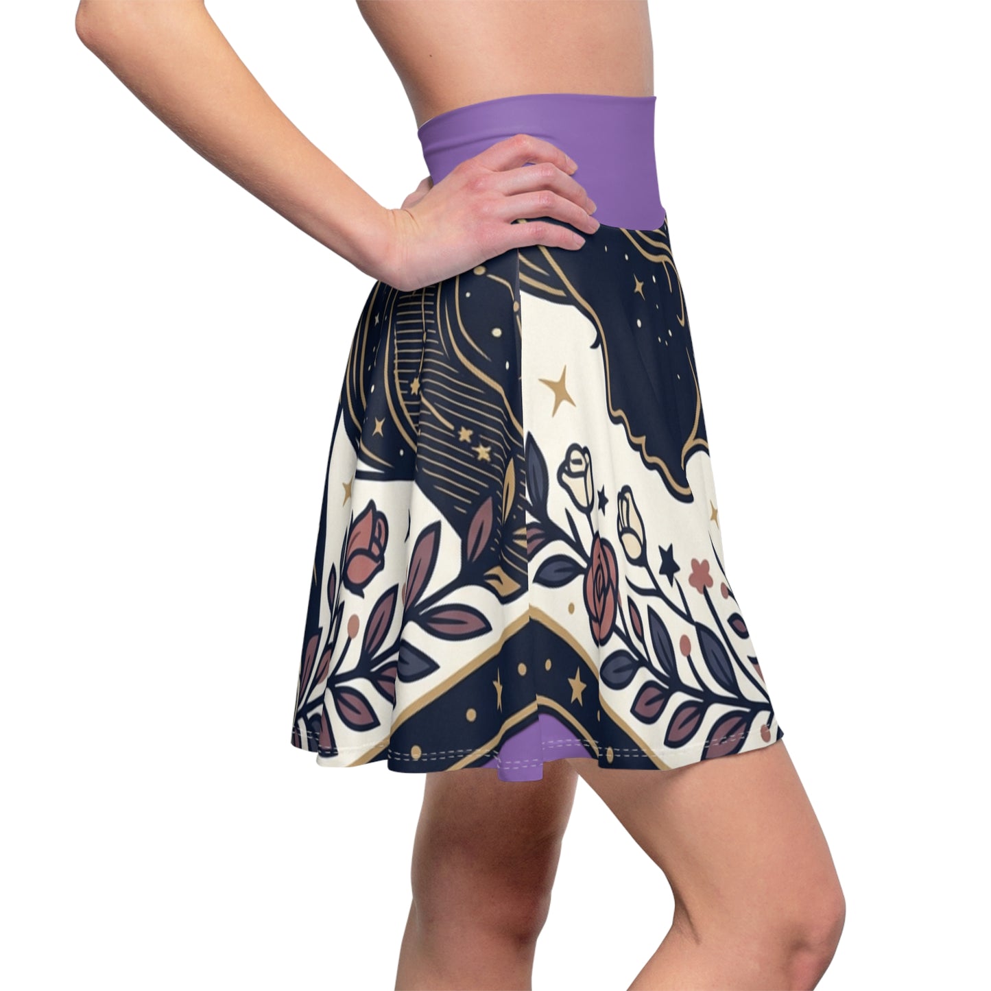Celestial Moon & Roses Skater Skirt – Astrology Floral Print Skirt | Cosmic Aesthetic, Women’s Flowy Skirt