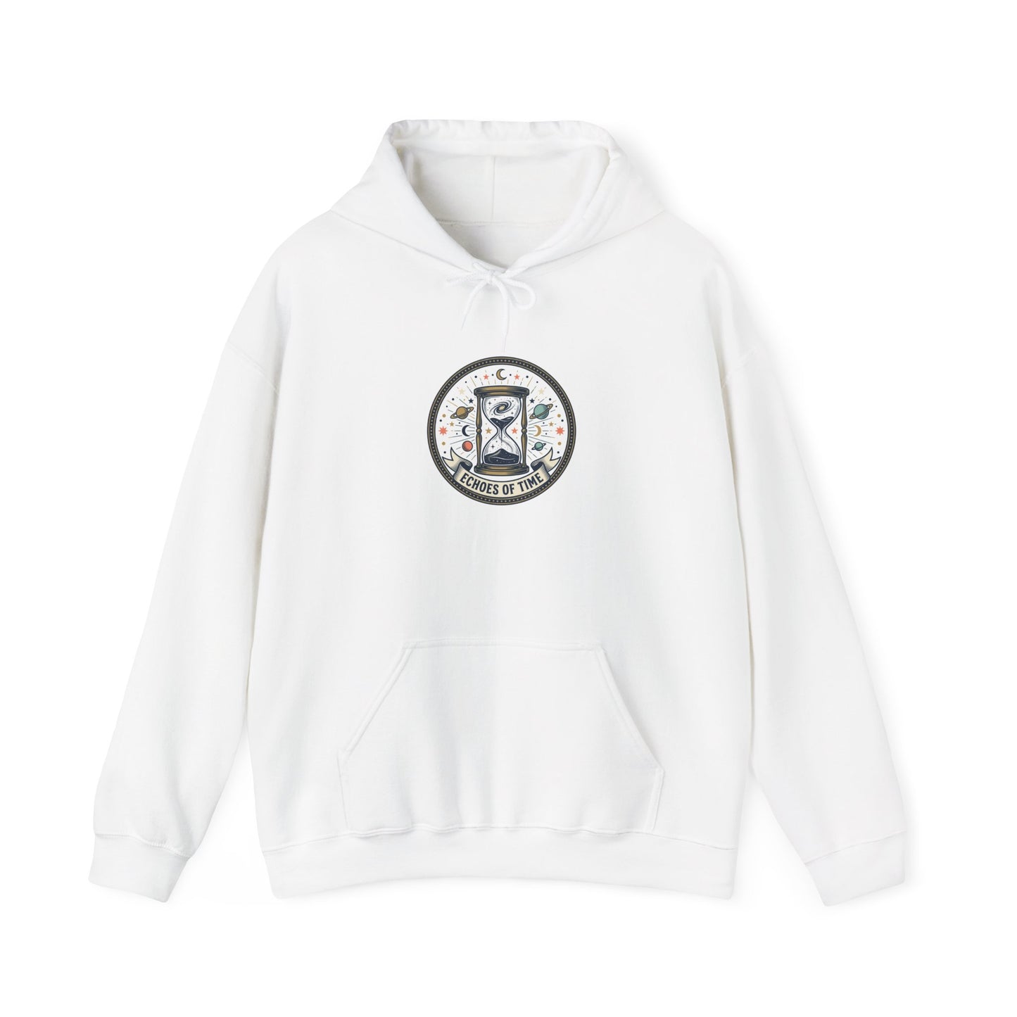 Hourglass Echoes Hoodie – “Echoes of Time” Vintage Celestial Graphic Sweatshirt | Minimal Cosmic Streetwear