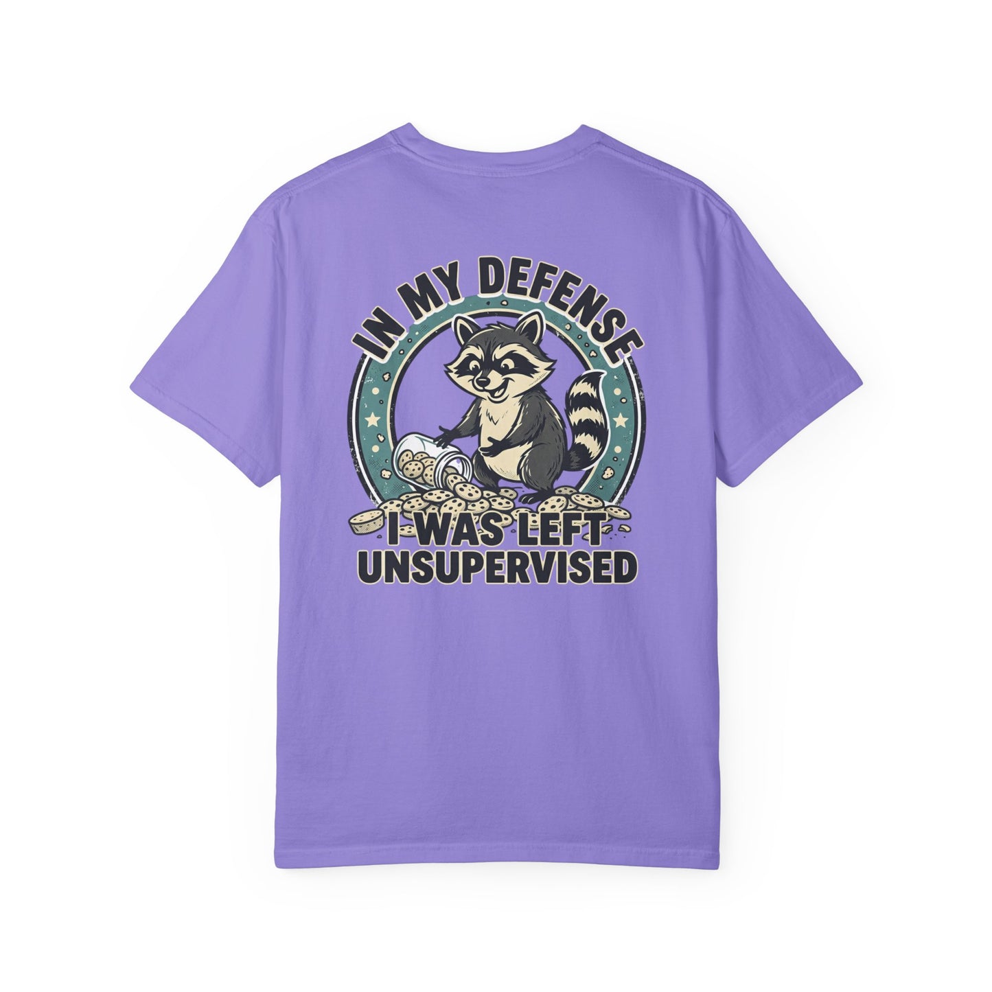 Funny Raccoon T-Shirt – “In My Defense I Was Left Unsupervised” Graphic Tee | Cute Chaos Humor Shirt