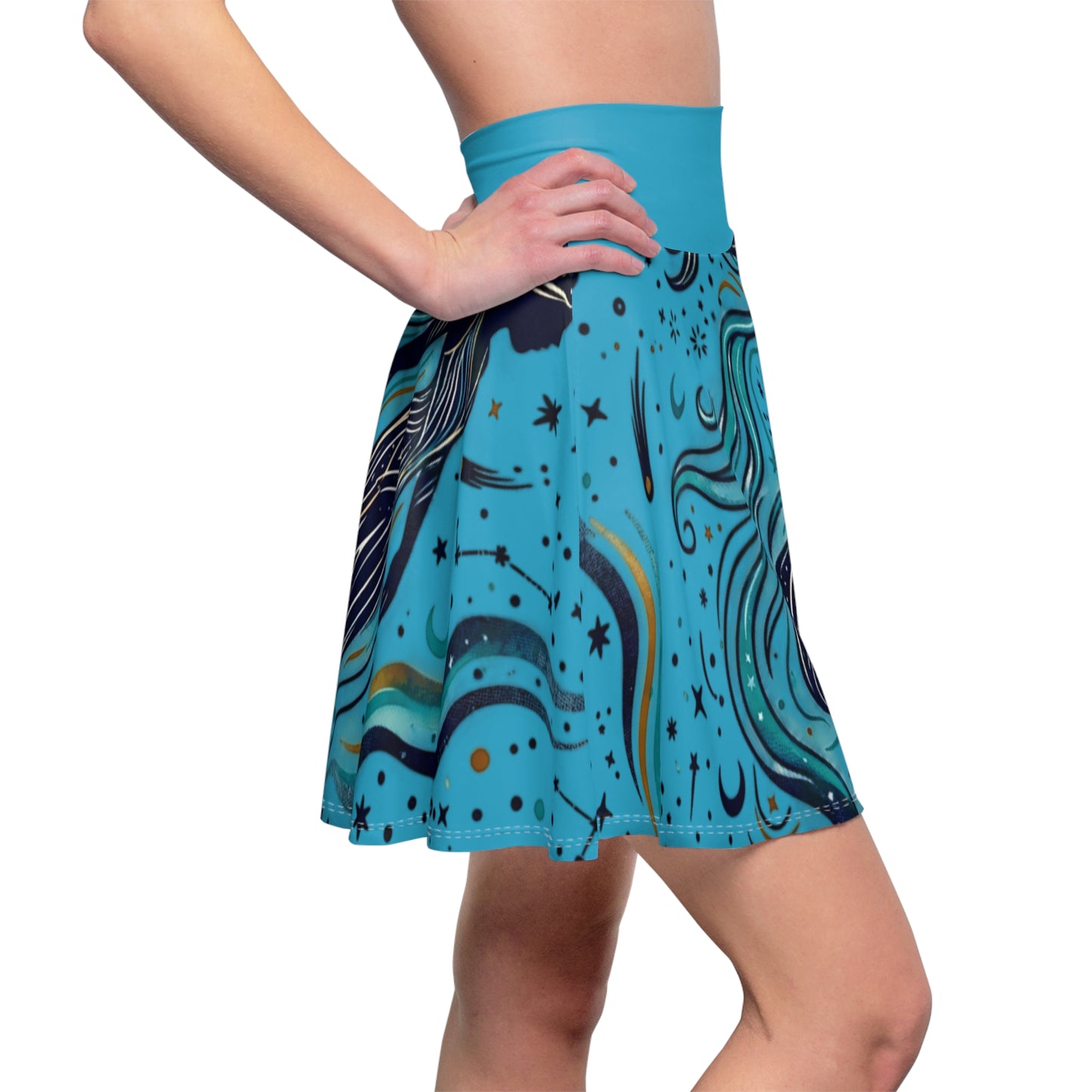 Celestial Waves Skater Skirt – Blue Moon & Star Print Aesthetic Skirt | Women’s Flowy Cosmic Skirt