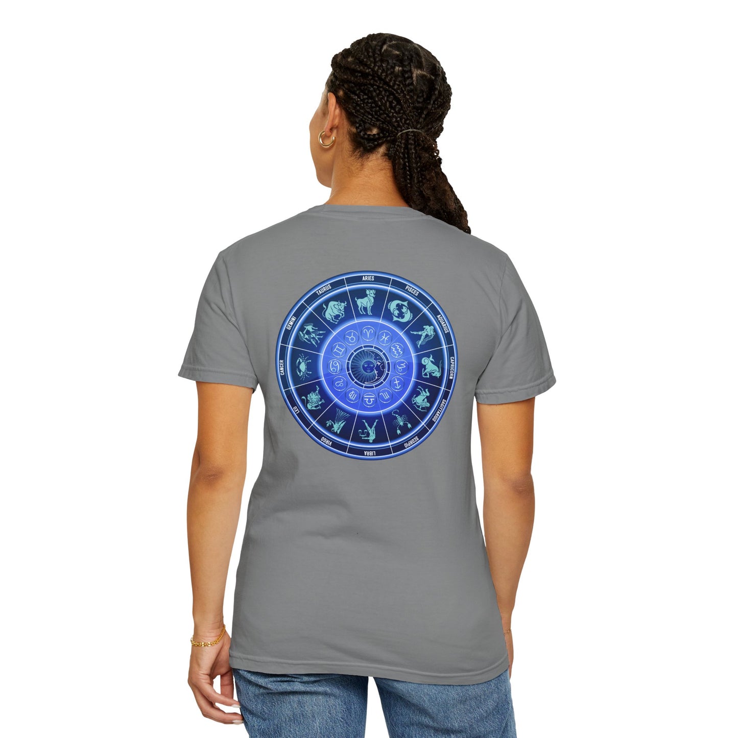 Zodiac Wheel T-Shirt – Blue Astrology Sign Graphic Tee | Celestial Mandala Star Sign Shirt