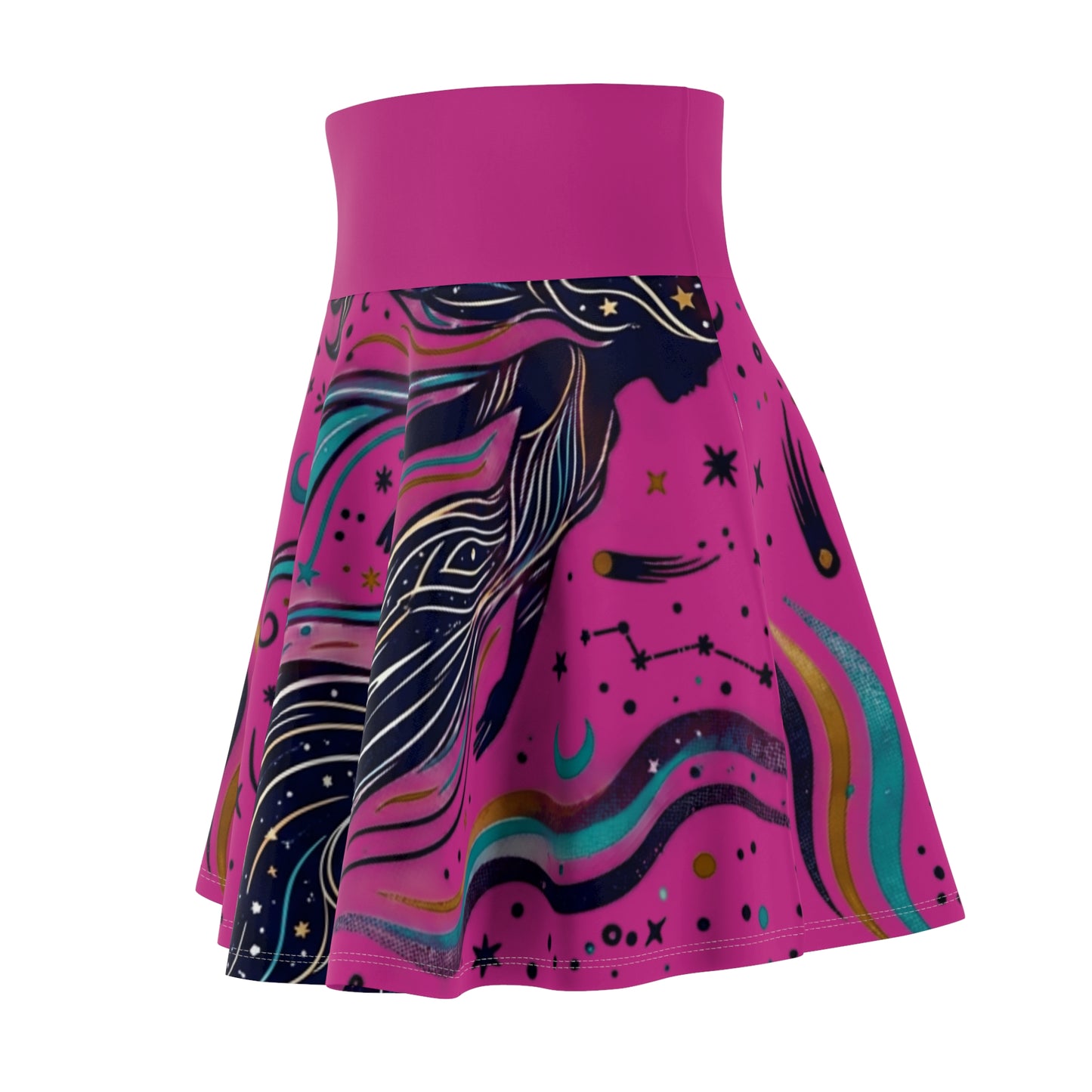 Celestial Waves Skater Skirt – Blue Moon & Star Print Aesthetic Skirt | Women’s Flowy Cosmic Skirt
