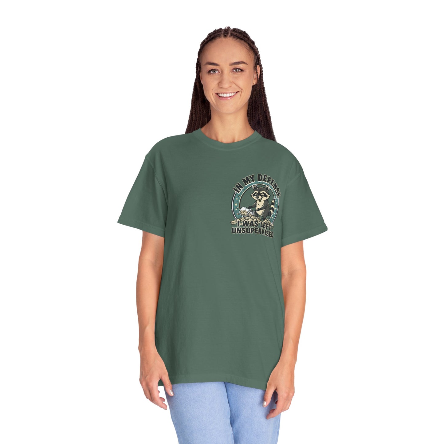 Funny Raccoon T-Shirt – “In My Defense I Was Left Unsupervised” Graphic Tee | Cute Chaos Humor Shirt