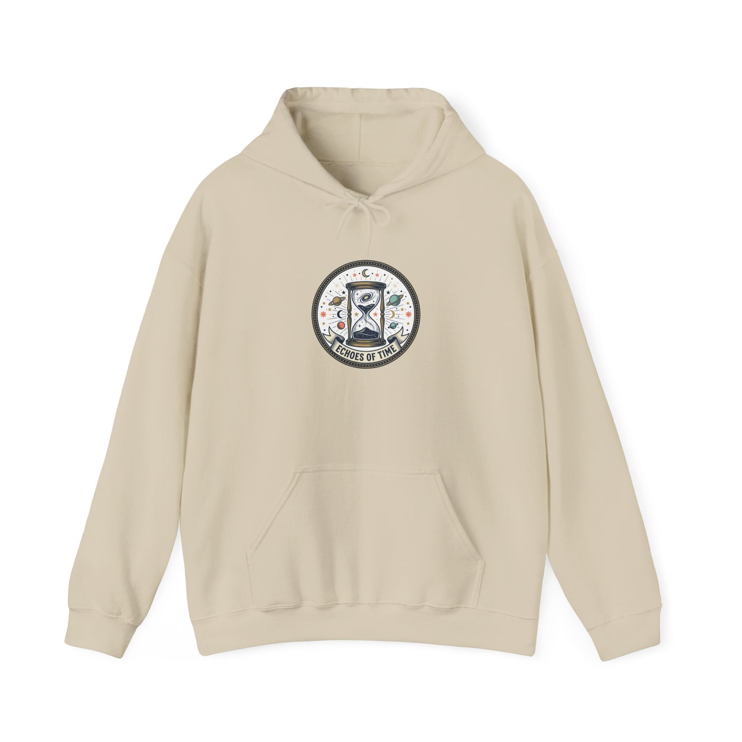 Hourglass Echoes Hoodie – “Echoes of Time” Vintage Celestial Graphic Sweatshirt | Minimal Cosmic Streetwear