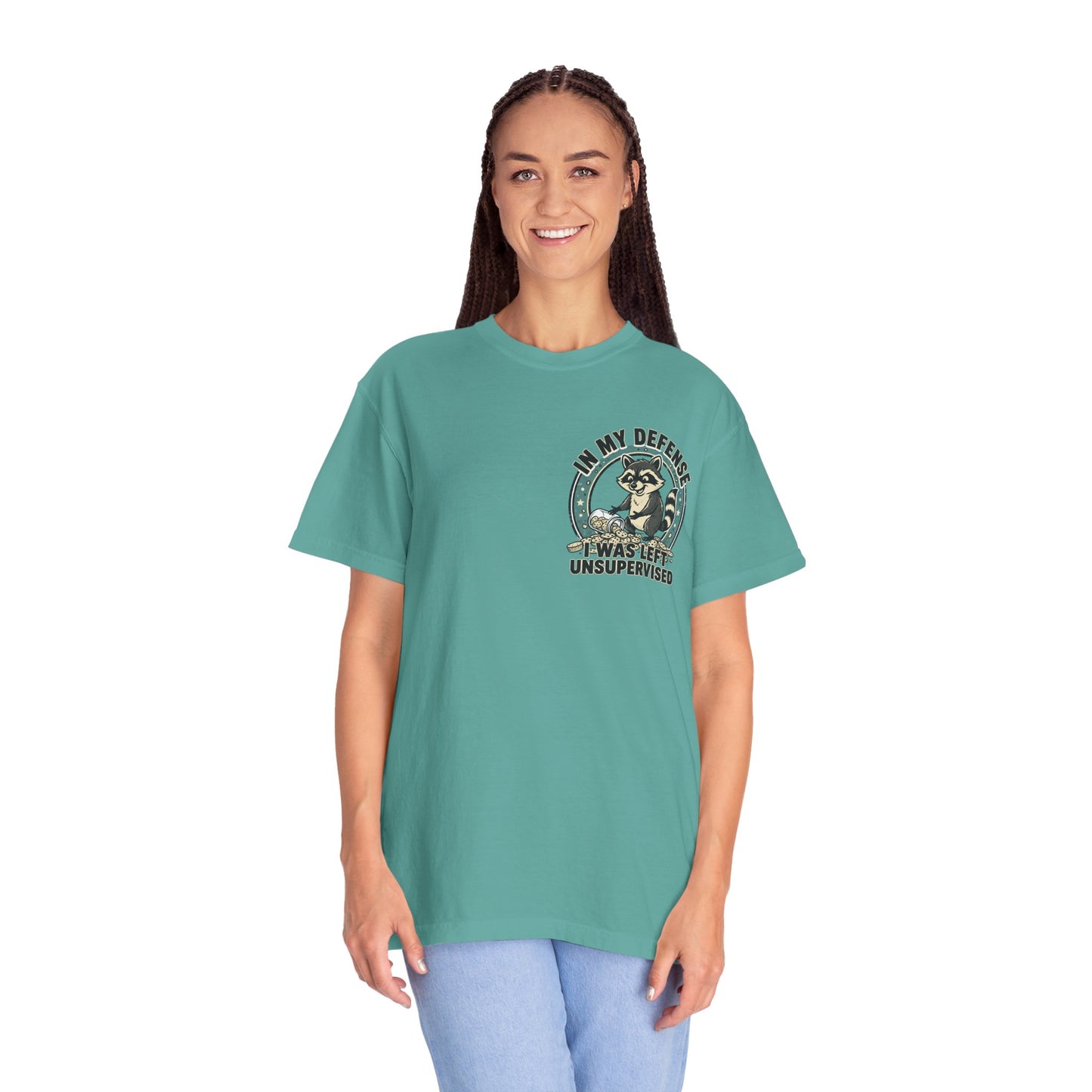 Funny Raccoon T-Shirt – “In My Defense I Was Left Unsupervised” Graphic Tee | Cute Chaos Humor Shirt