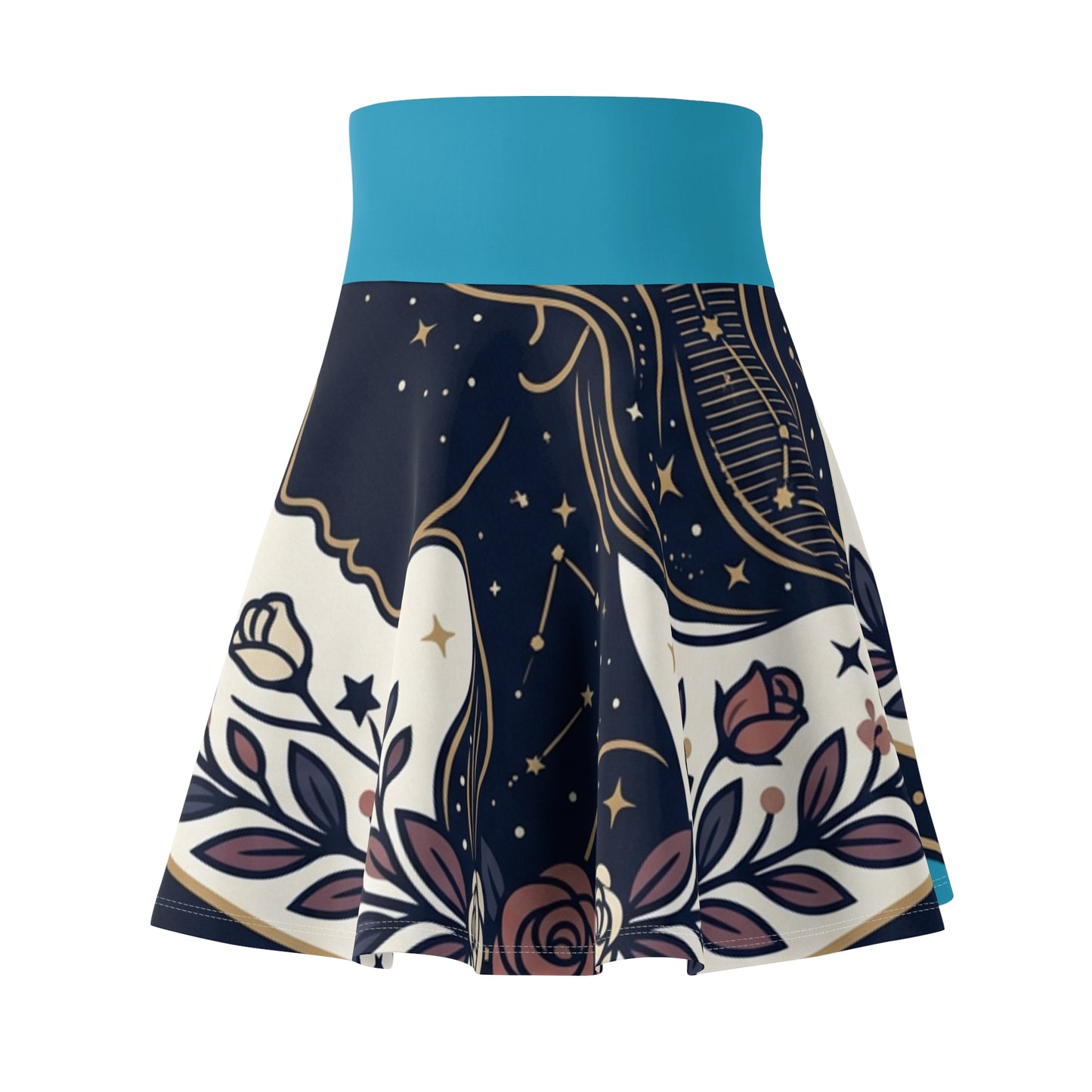 Celestial Moon & Roses Skater Skirt – Astrology Floral Aesthetic Skirt | Women’s Flowy Cosmic Skirt