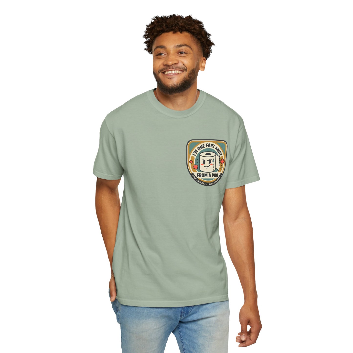 Funny Toilet Paper T-Shirt – “I’m One Fart Away From a Poo” Retro Badge Tee | Novelty Humor Shirt