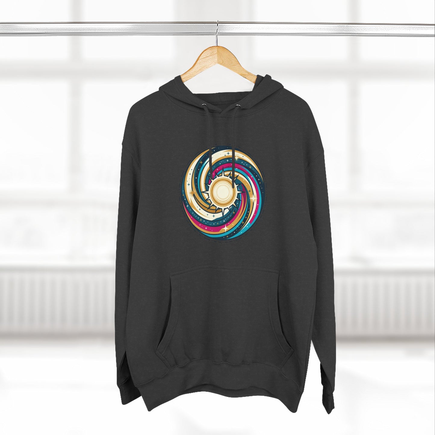 Swirl Sun Hoodie – Cosmic Spiral Sun Graphic Hoodie | Psychedelic Space Aesthetic, Celestial Streetwear, Unisex Hoodie