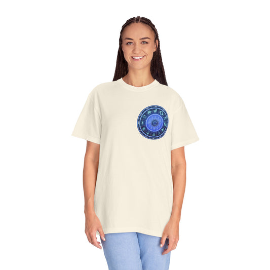 Zodiac Wheel T-Shirt – Blue Astrology Sign Graphic Tee | Celestial Mandala Star Sign Shirt