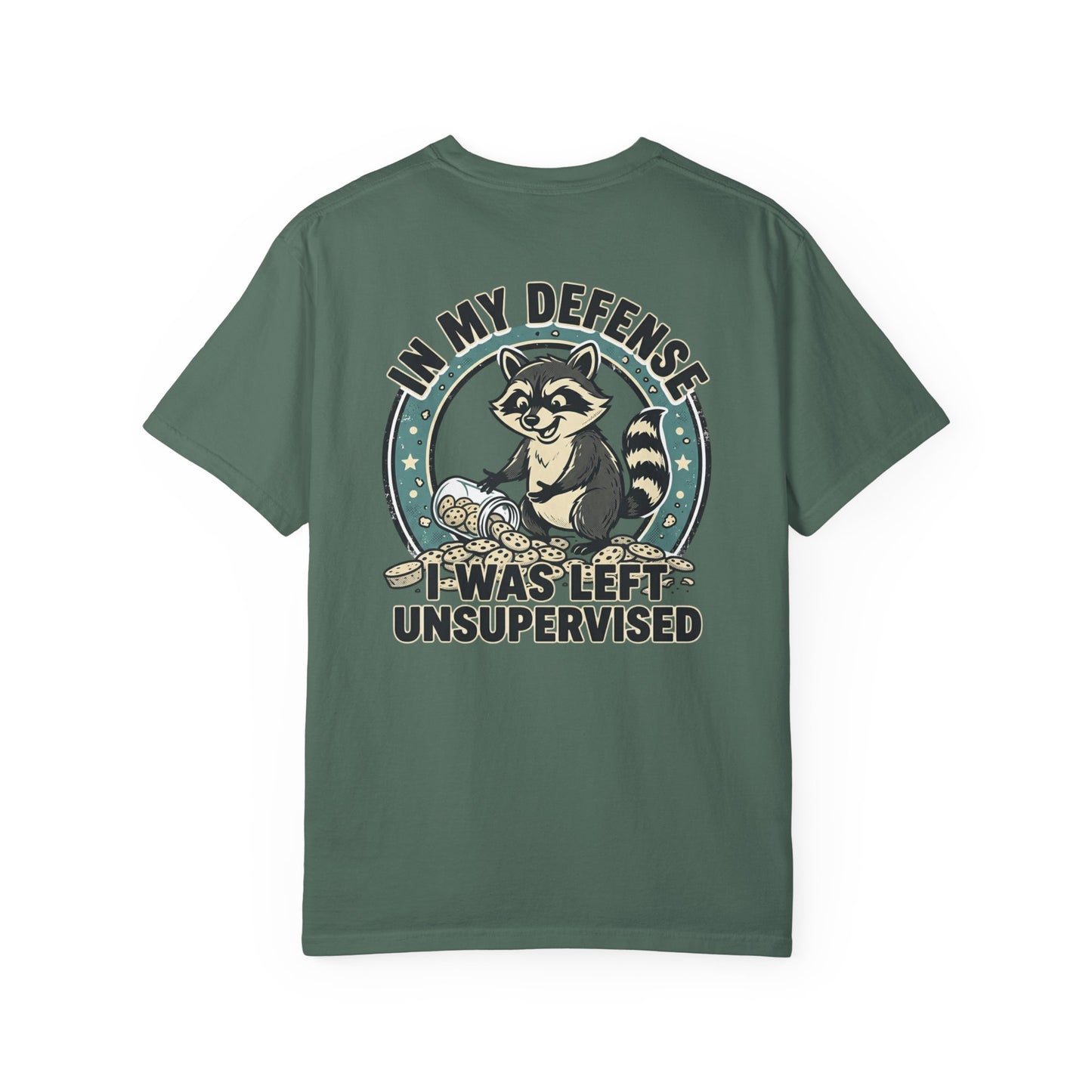 Funny Raccoon T-Shirt – “In My Defense I Was Left Unsupervised” Graphic Tee | Cute Chaos Humor Shirt