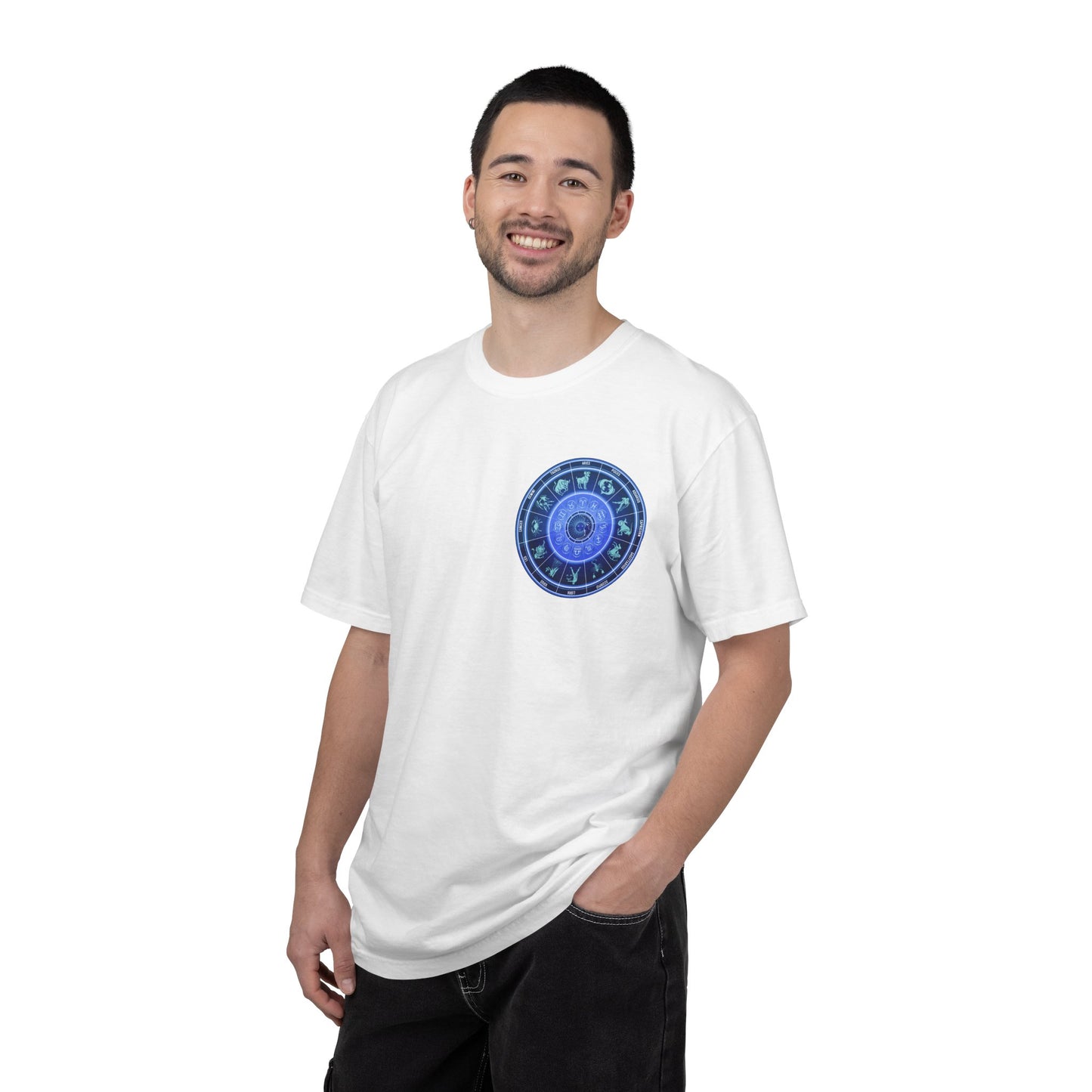 Zodiac Wheel T-Shirt – Blue Astrology Sign Graphic Tee | Celestial Mandala Star Sign Shirt