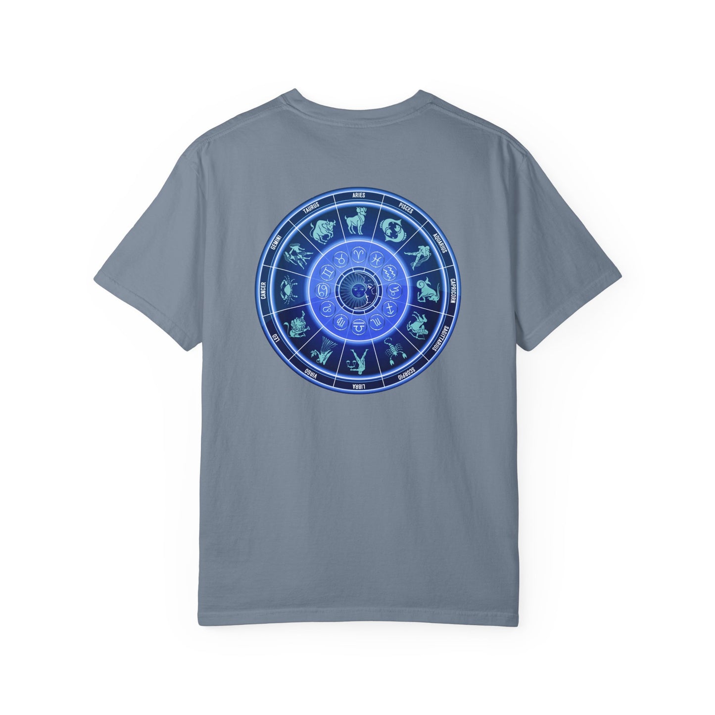 Zodiac Wheel T-Shirt – Blue Astrology Sign Graphic Tee | Celestial Mandala Star Sign Shirt