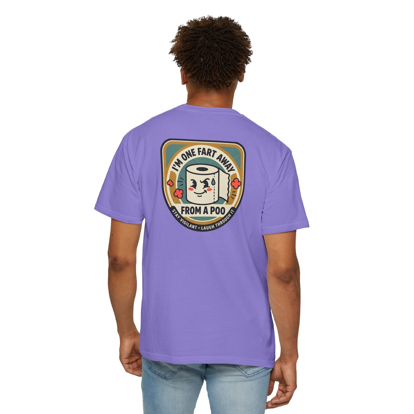 Funny Toilet Paper T-Shirt – “I’m One Fart Away From a Poo” Retro Badge Tee | Novelty Humor Shirt