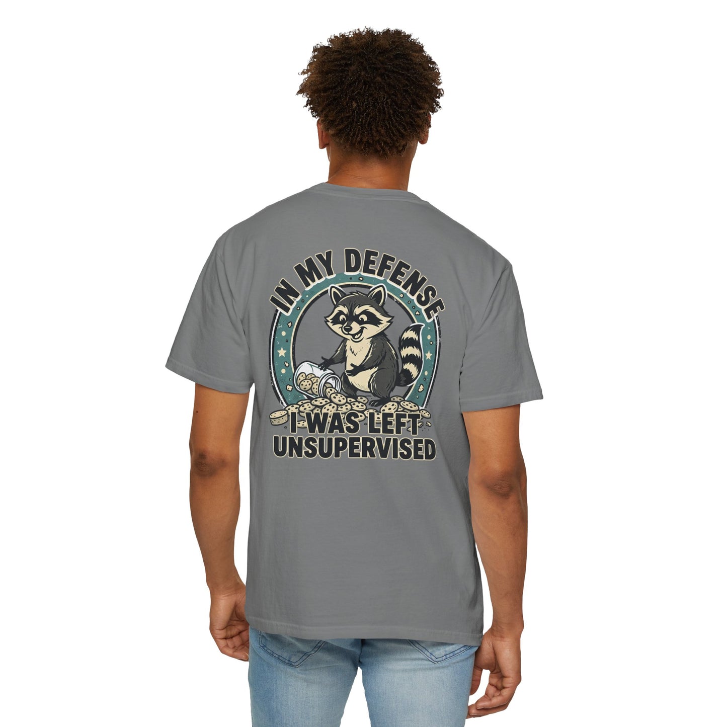 Funny Raccoon T-Shirt – “In My Defense I Was Left Unsupervised” Graphic Tee | Cute Chaos Humor Shirt