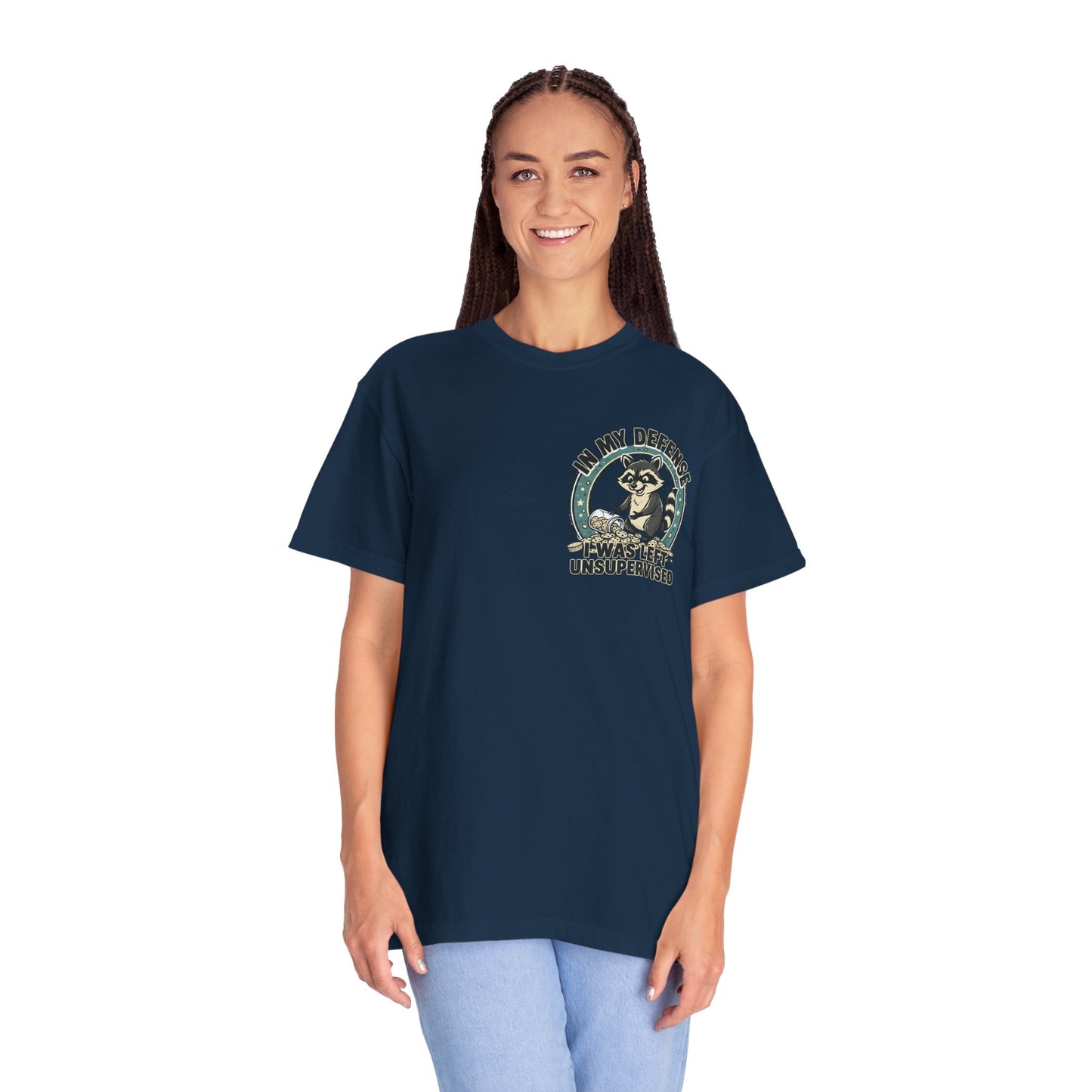 Funny Raccoon T-Shirt – “In My Defense I Was Left Unsupervised” Graphic Tee | Cute Chaos Humor Shirt