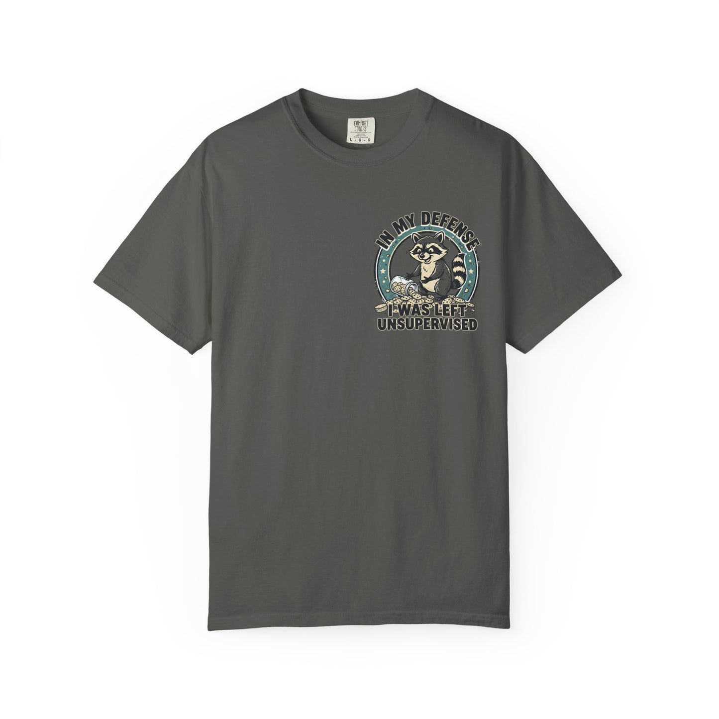 Funny Raccoon T-Shirt – “In My Defense I Was Left Unsupervised” Graphic Tee | Cute Chaos Humor Shirt
