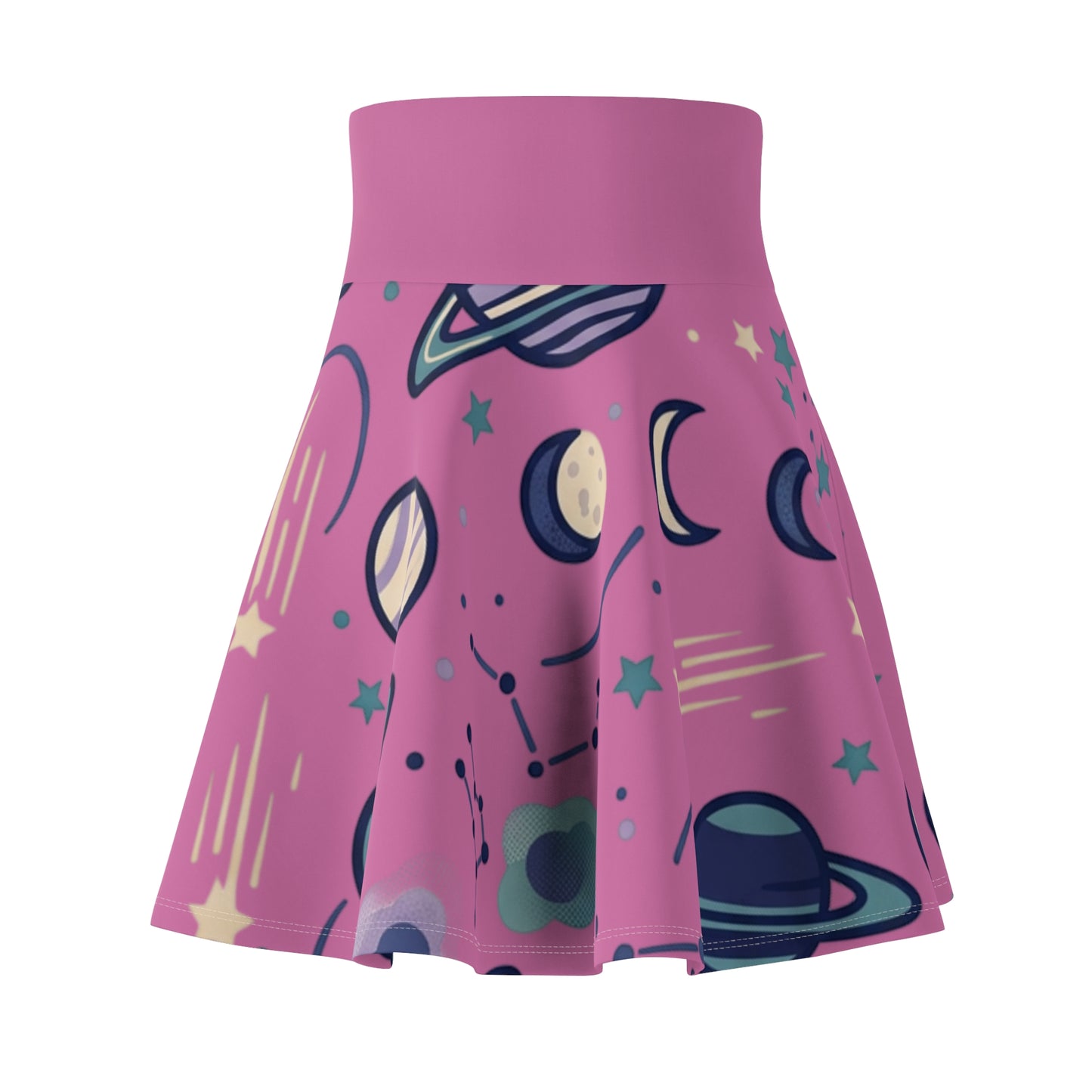 Celestial Skater Skirt – Pink Planet & Moon Print Aesthetic Skirt | Women’s Flowy Cosmic Skirt