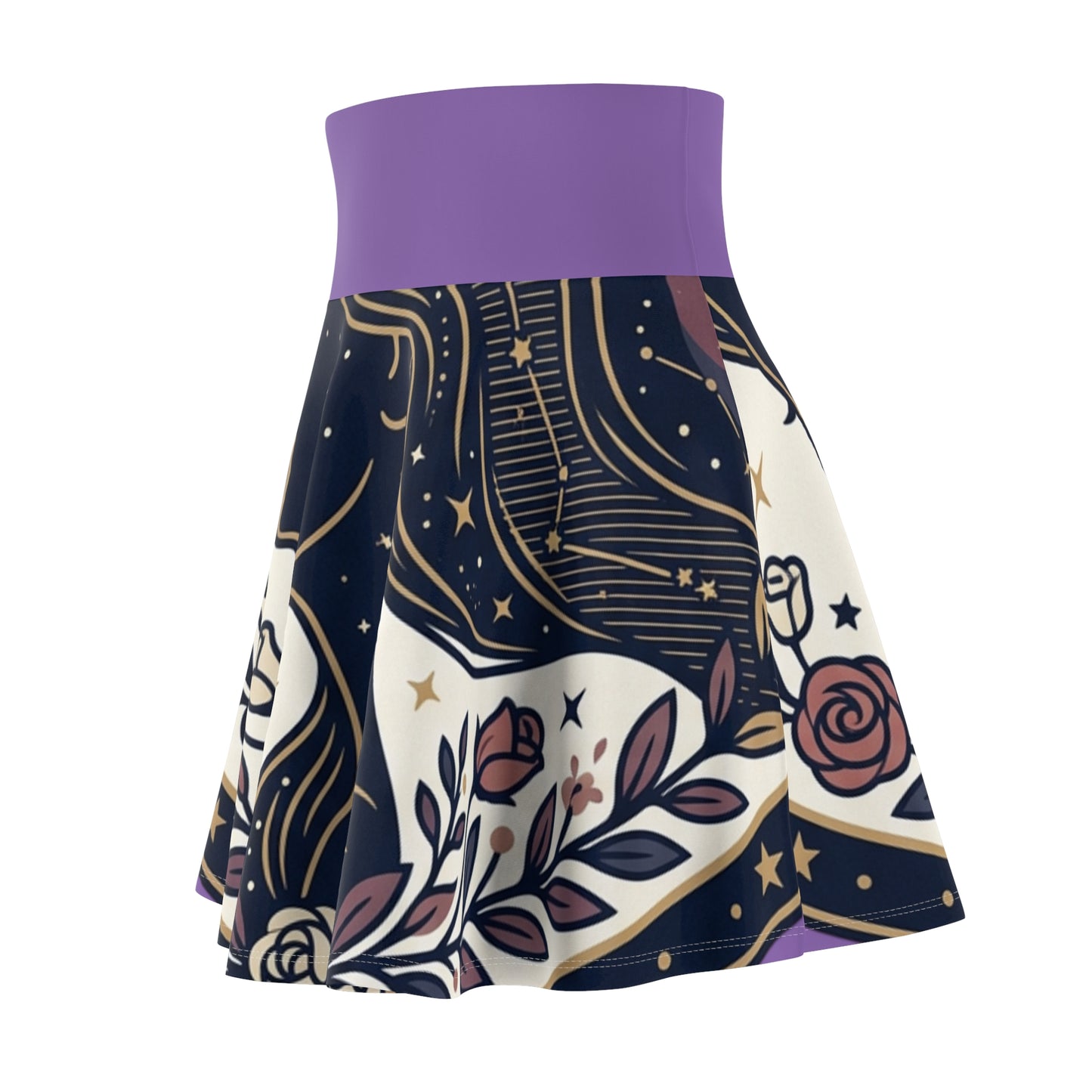 Celestial Moon & Roses Skater Skirt – Astrology Floral Print Skirt | Cosmic Aesthetic, Women’s Flowy Skirt