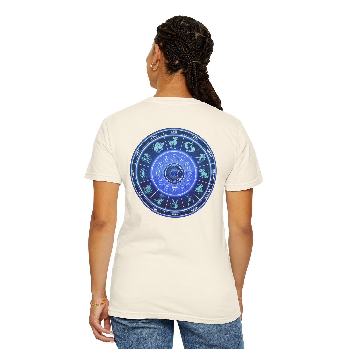 Zodiac Wheel T-Shirt – Blue Astrology Sign Graphic Tee | Celestial Mandala Star Sign Shirt