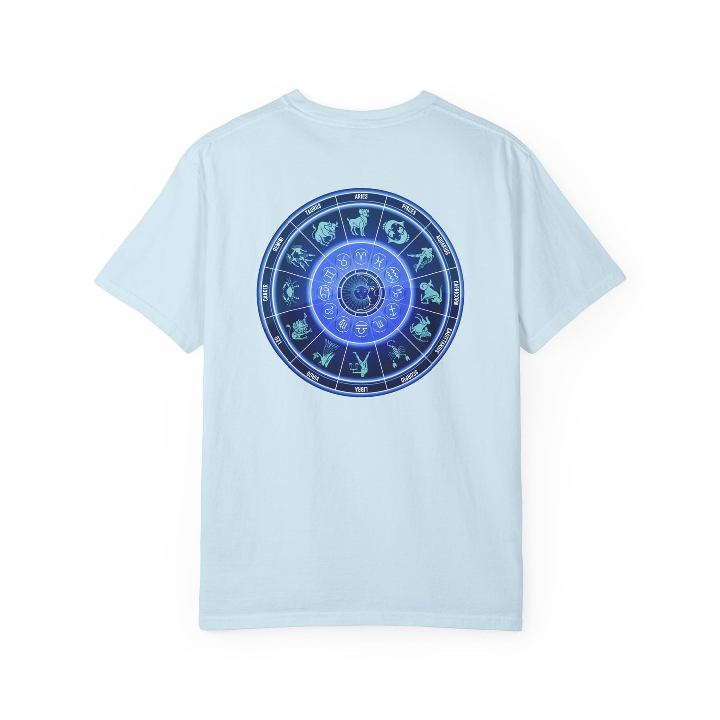 Zodiac Wheel T-Shirt – Blue Astrology Sign Graphic Tee | Celestial Mandala Star Sign Shirt