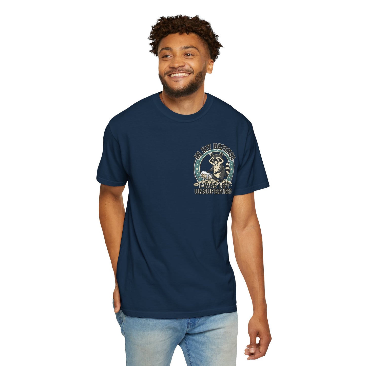 Funny Raccoon T-Shirt – “In My Defense I Was Left Unsupervised” Graphic Tee | Cute Chaos Humor Shirt