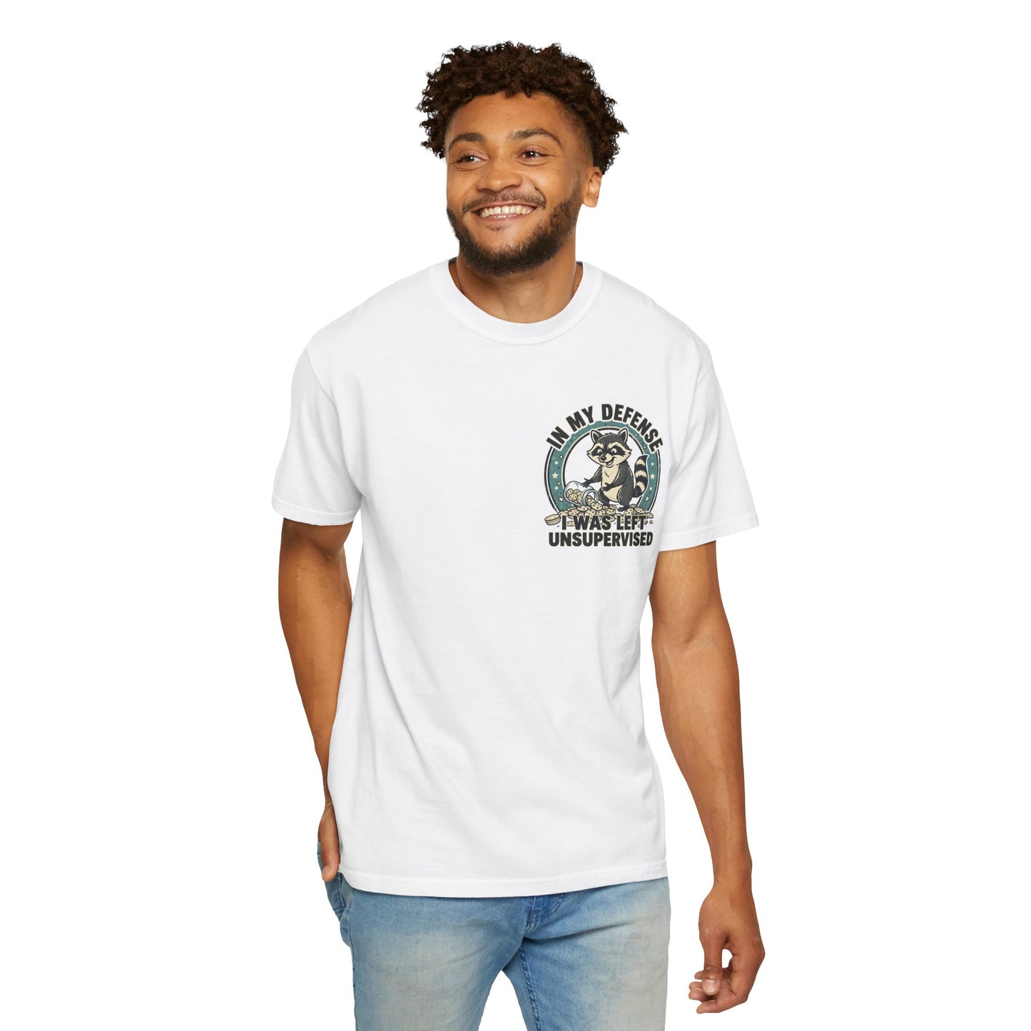 Funny Raccoon T-Shirt – “In My Defense I Was Left Unsupervised” Graphic Tee | Cute Chaos Humor Shirt