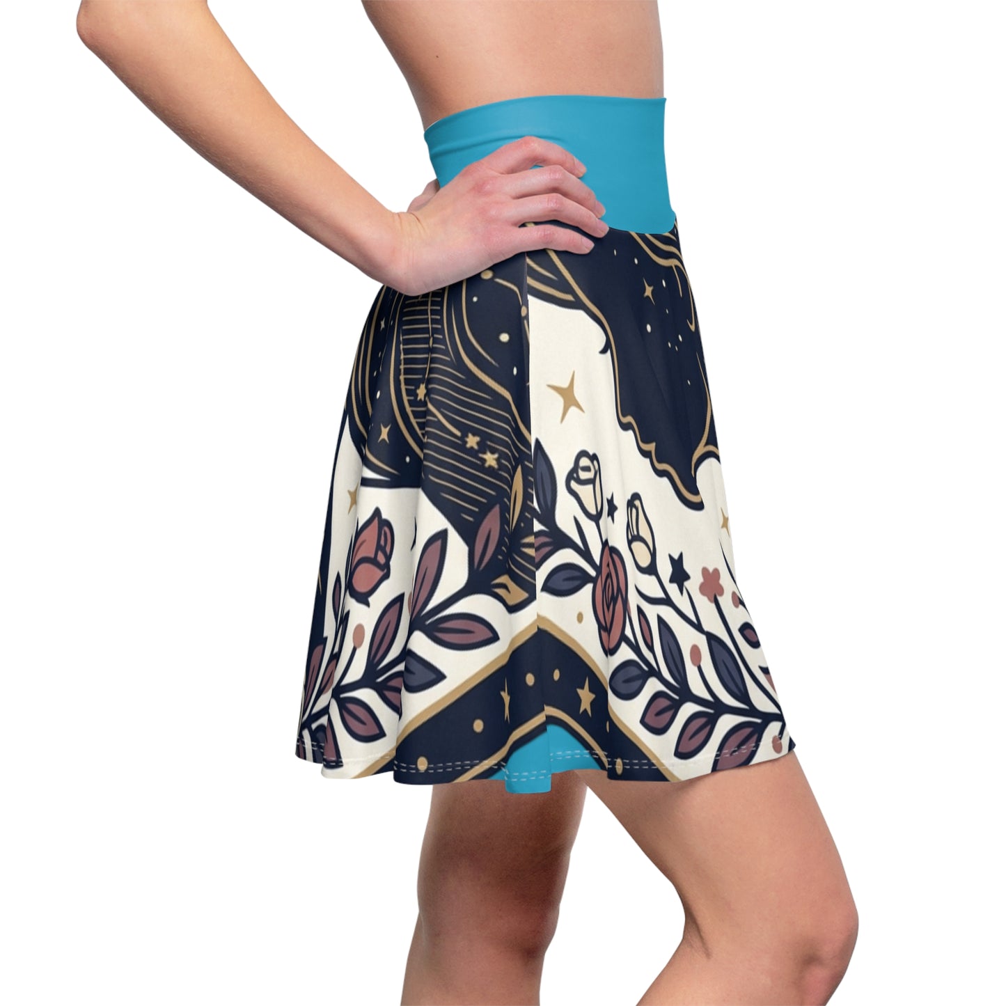 Celestial Moon & Roses Skater Skirt – Astrology Floral Aesthetic Skirt | Women’s Flowy Cosmic Skirt