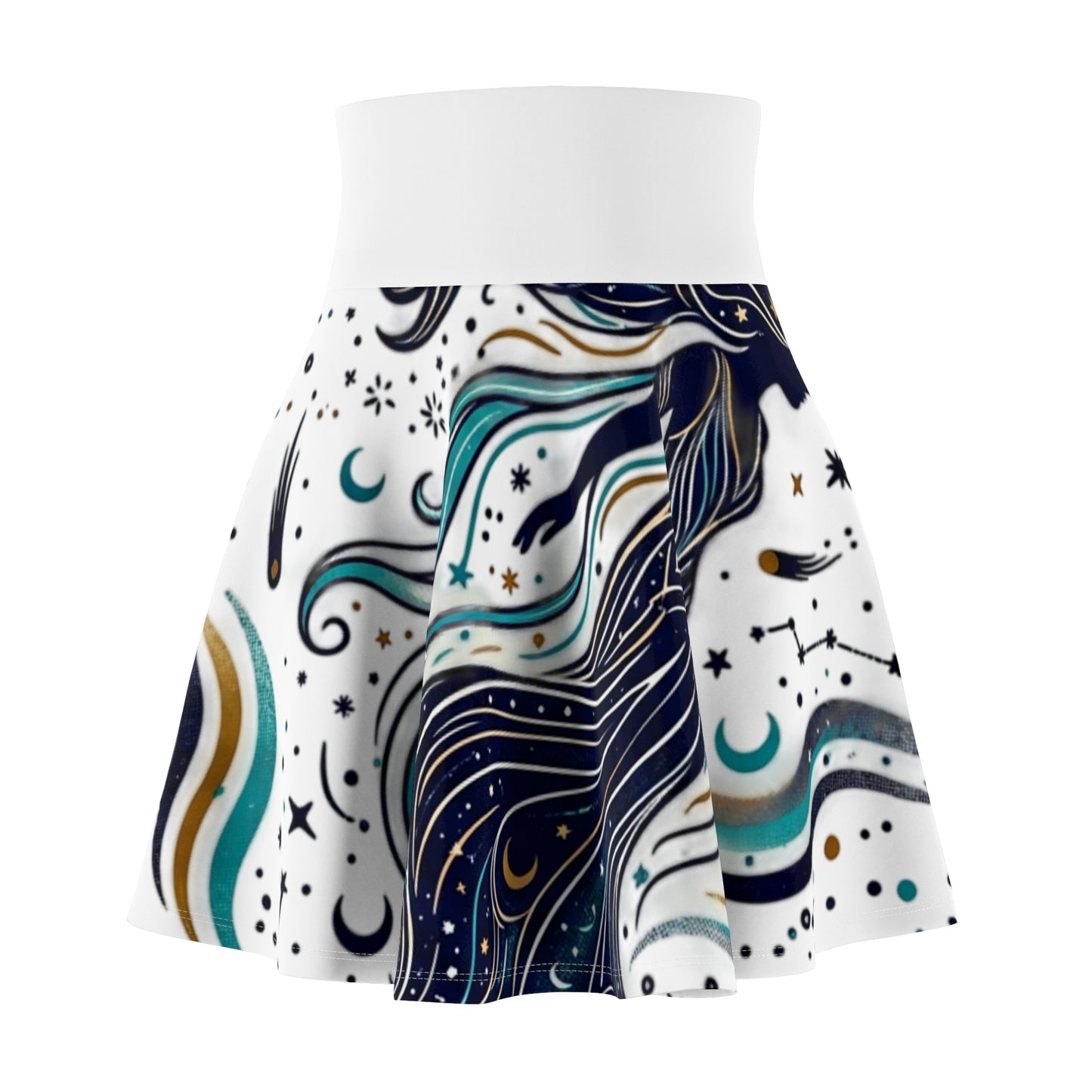 Celestial Waves Skater Skirt – Blue Moon & Star Print Aesthetic Skirt | Women’s Flowy Cosmic Skirt