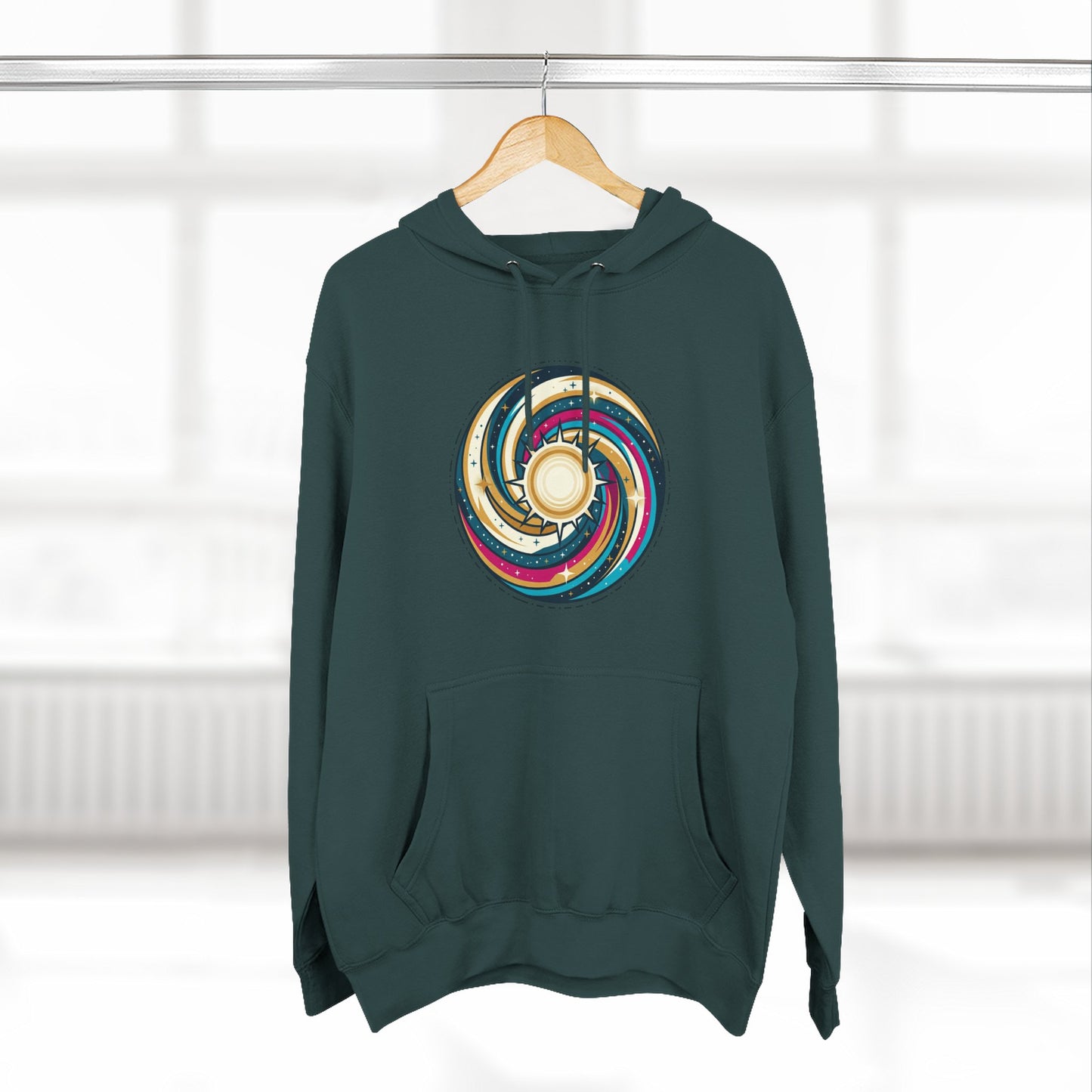 Swirl Sun Hoodie – Cosmic Spiral Sun Graphic Hoodie | Psychedelic Space Aesthetic, Celestial Streetwear, Unisex Hoodie