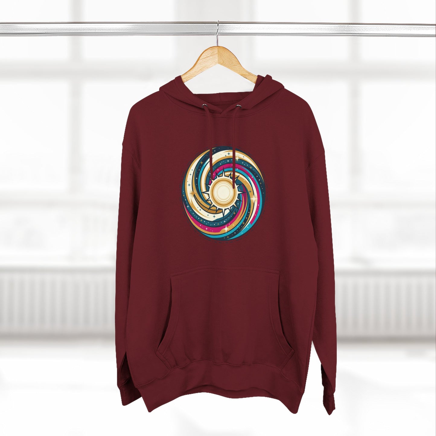 Swirl Sun Hoodie – Cosmic Spiral Sun Graphic Hoodie | Psychedelic Space Aesthetic, Celestial Streetwear, Unisex Hoodie