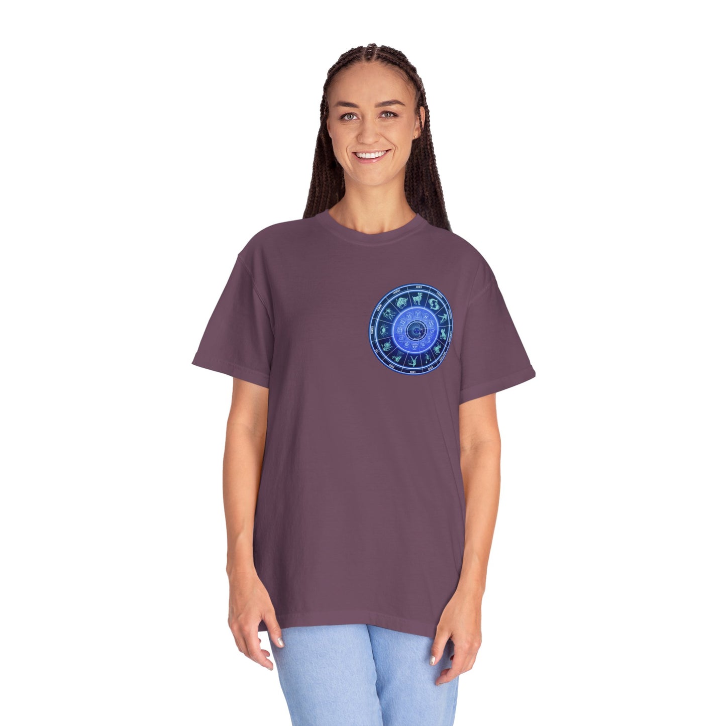 Zodiac Wheel T-Shirt – Blue Astrology Sign Graphic Tee | Celestial Mandala Star Sign Shirt