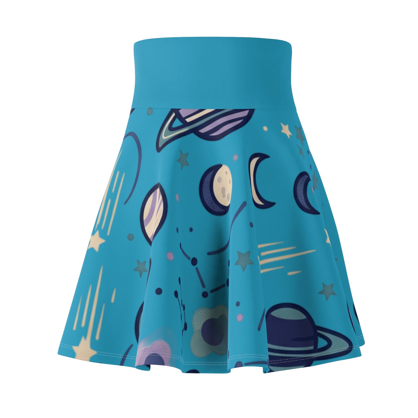 Celestial Skater Skirt – Blue Planet & Moon Print Aesthetic Skirt | Women’s Flowy Cosmic Skirt