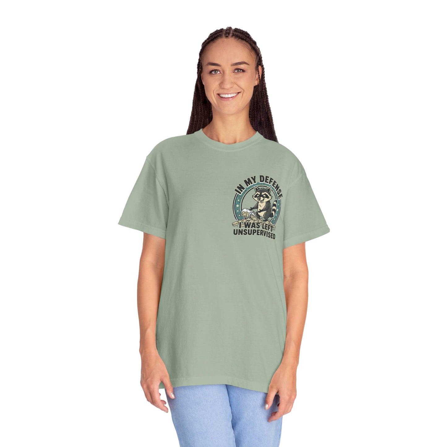 Funny Raccoon T-Shirt – “In My Defense I Was Left Unsupervised” Graphic Tee | Cute Chaos Humor Shirt