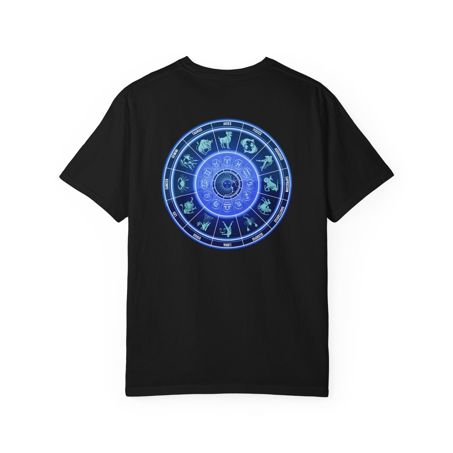 Zodiac Wheel T-Shirt – Blue Astrology Sign Graphic Tee | Celestial Mandala Star Sign Shirt