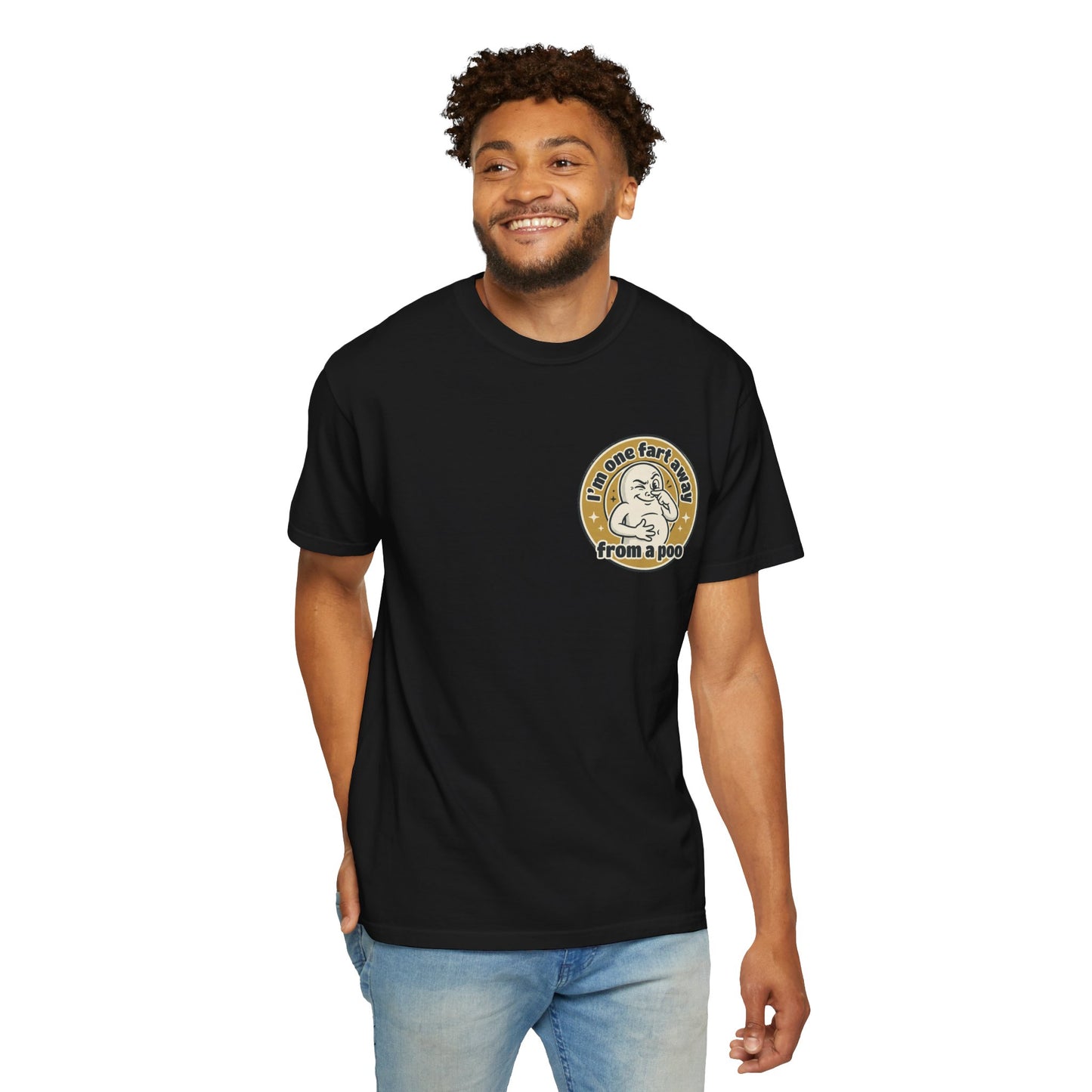 Funny Graphic T-Shirt – “I’m One Fart Away From a Poo” Retro Badge Tee | Sarcastic Humor Shirt