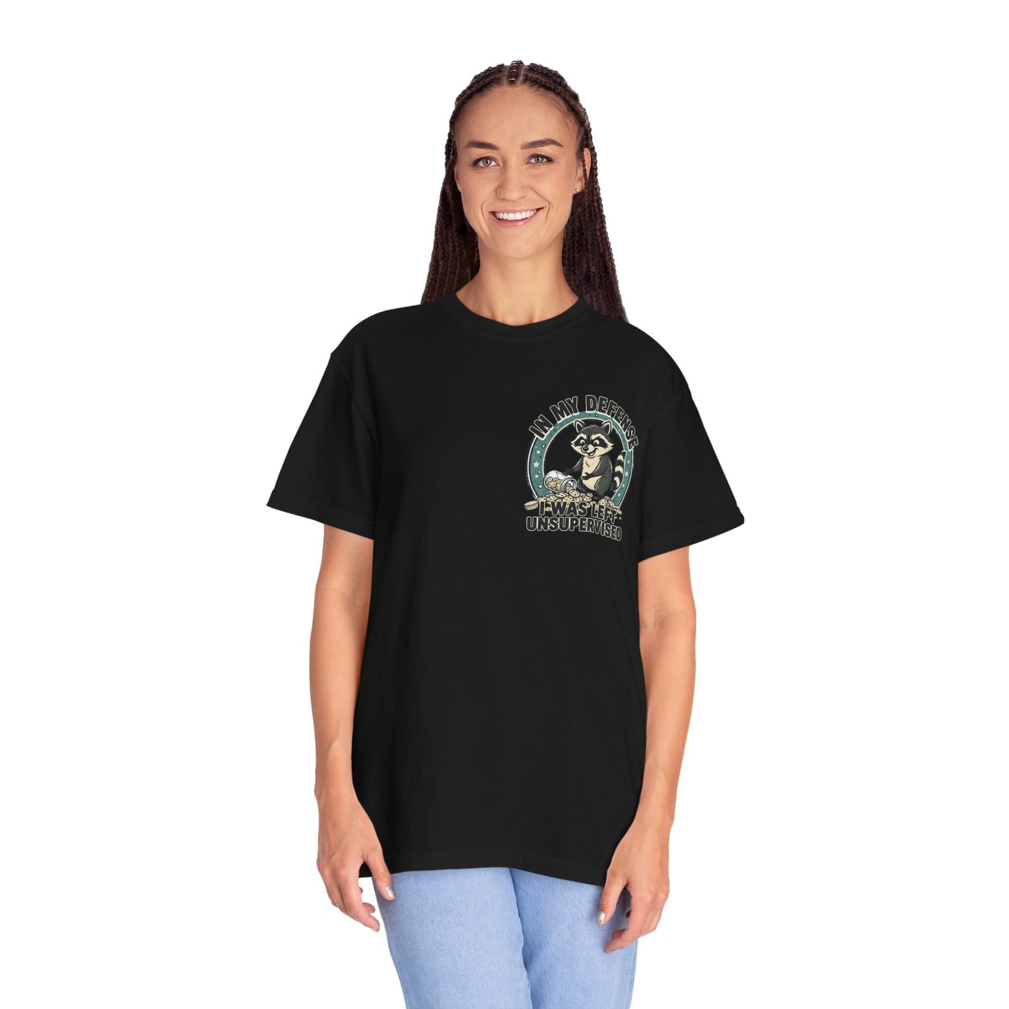 Funny Raccoon T-Shirt – “In My Defense I Was Left Unsupervised” Graphic Tee | Cute Chaos Humor Shirt