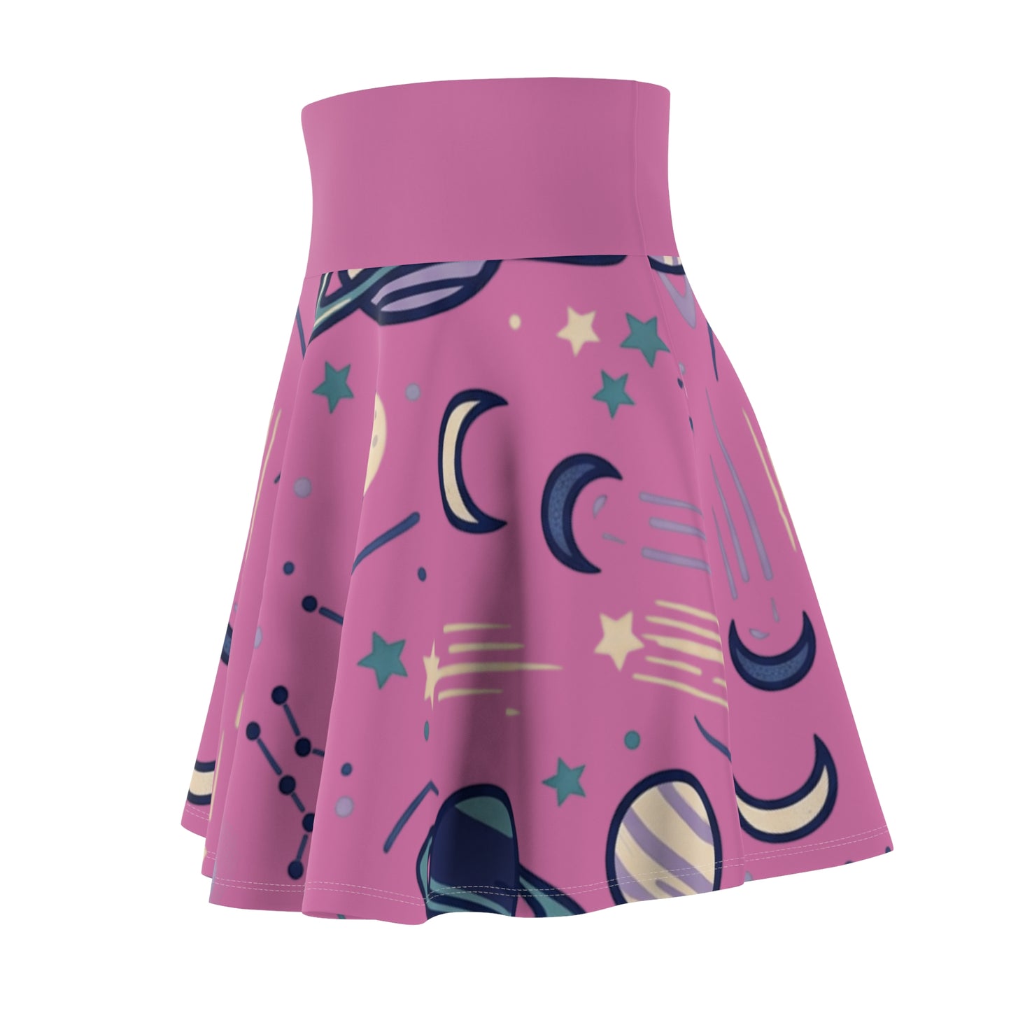 Celestial Skater Skirt – Pink Planet & Moon Print Aesthetic Skirt | Women’s Flowy Cosmic Skirt