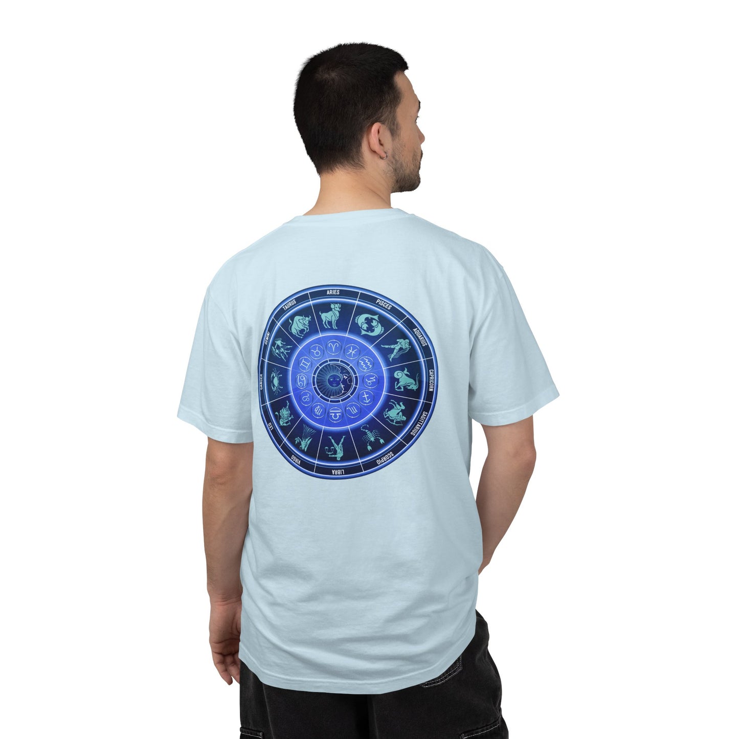 Zodiac Wheel T-Shirt – Blue Astrology Sign Graphic Tee | Celestial Mandala Star Sign Shirt