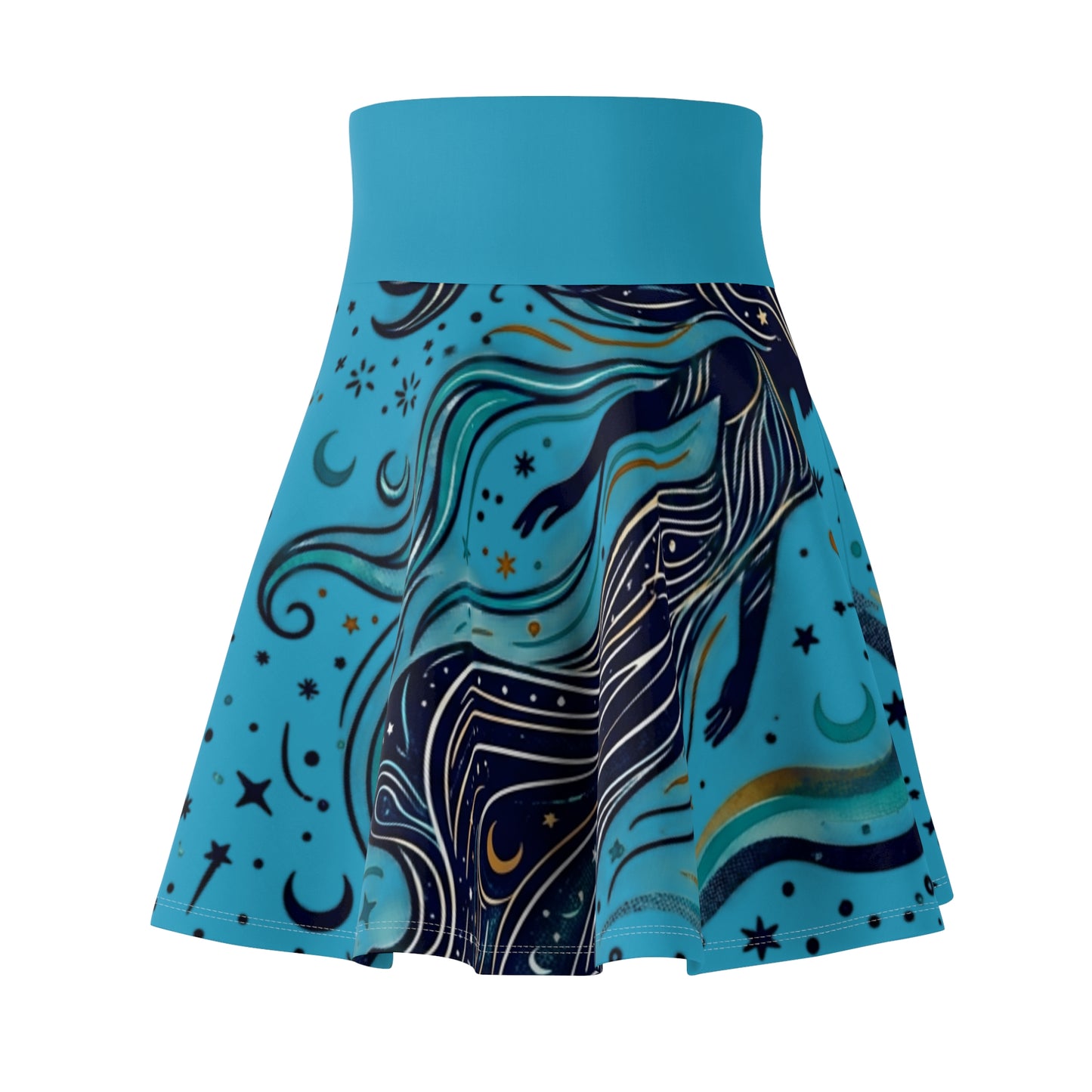 Celestial Waves Skater Skirt – Blue Moon & Star Print Aesthetic Skirt | Women’s Flowy Cosmic Skirt
