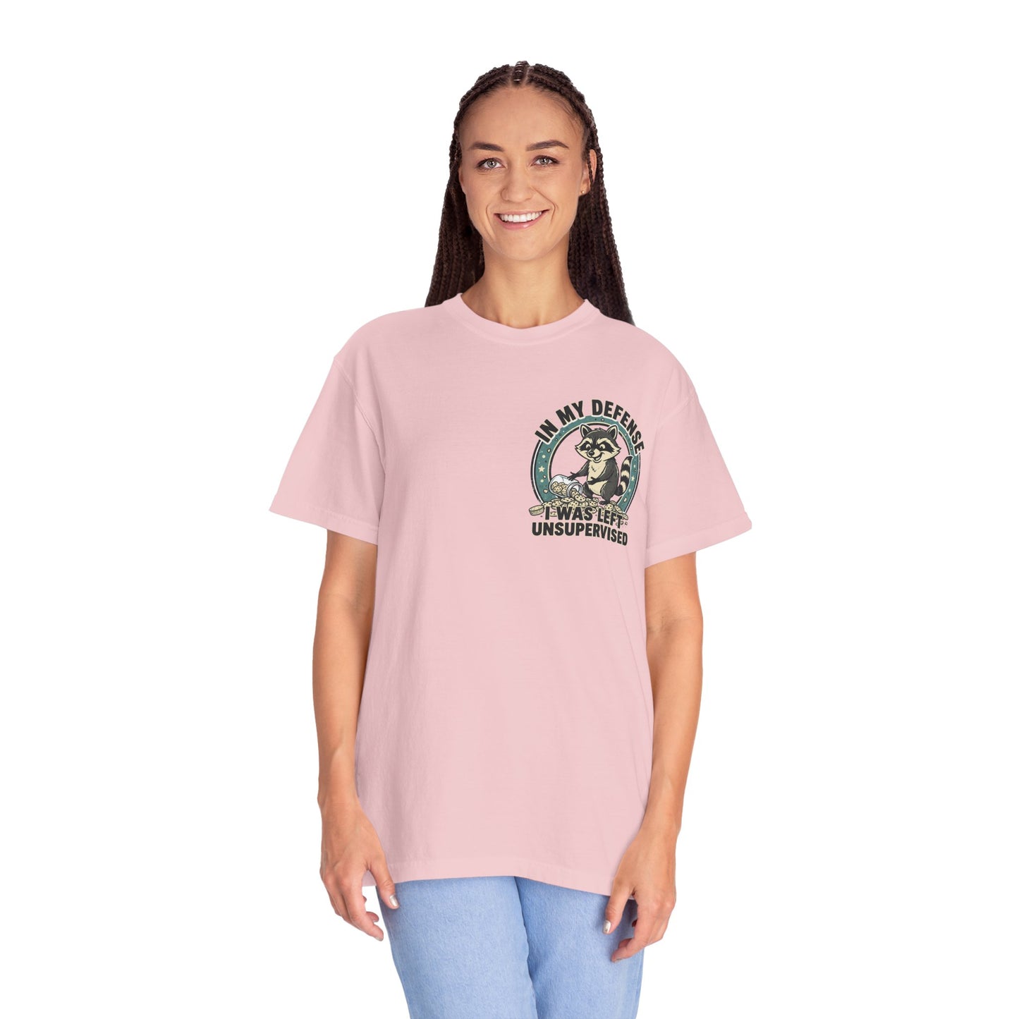 Funny Raccoon T-Shirt – “In My Defense I Was Left Unsupervised” Graphic Tee | Cute Chaos Humor Shirt